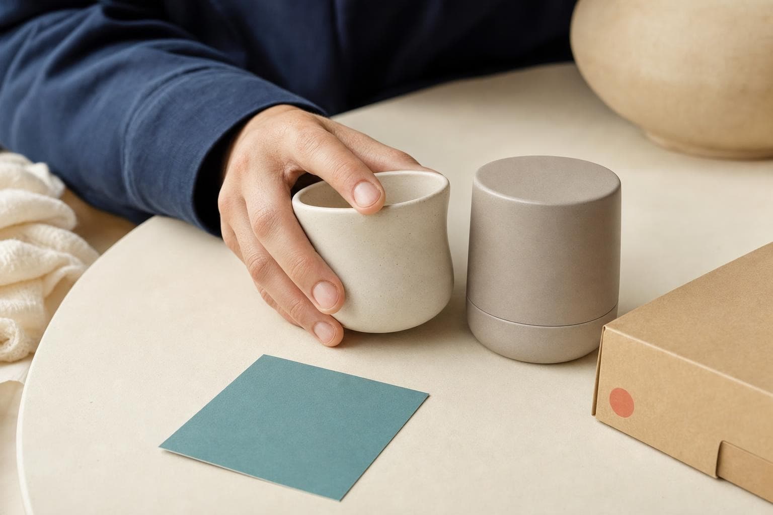 A hand comparing two unbranded everyday objects beside a parcel
