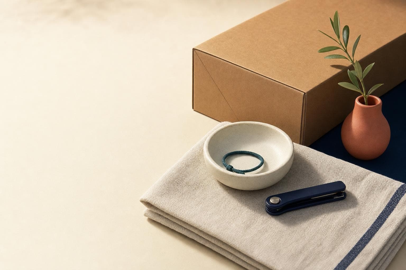 A kraft parcel and everyday objects arranged on a warm ivory surface